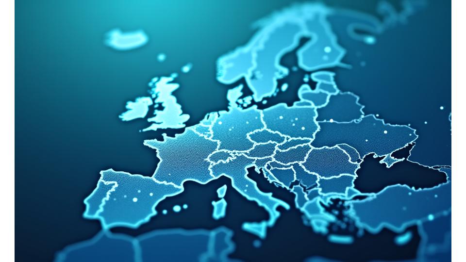 Et komplekst, men organisert nettverk av prikker og linjer som representerer Driflows omfattende EU-partnernettverk, med noder som lyser opp i ulike europeiske byer.