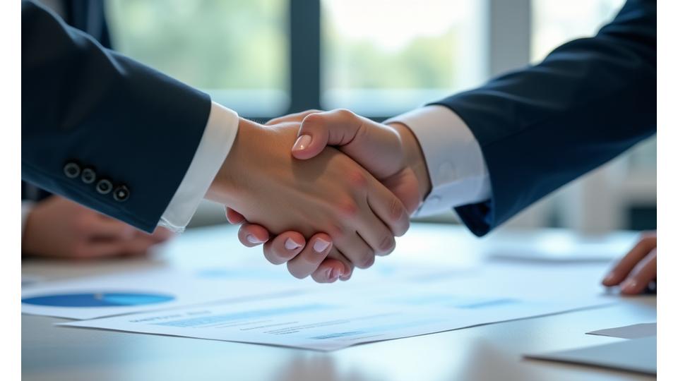 To personer håndhilser over en plan for et EU-prosjekt, som symboliserer etablering av et vellykket partnerskap.