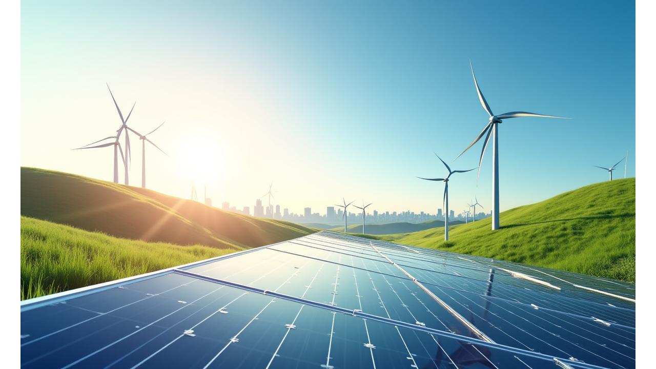 Visuell representasjon av grønn energi og bærekraftig utvikling, med solcellepaneler og vindturbiner mot en ren himmel, som symboliserer fremtidens finansieringsmuligheter.