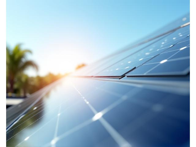 Solcellepanel på et tak med blå himmel og grønne trær i bakgrunnen, symboliserer fornybar energi.