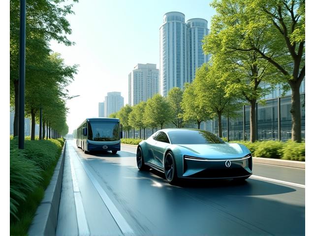 Elektriske kjøretøy i en moderne by, med ladestasjoner og grønn infrastruktur, som representerer bærekraftig transport.