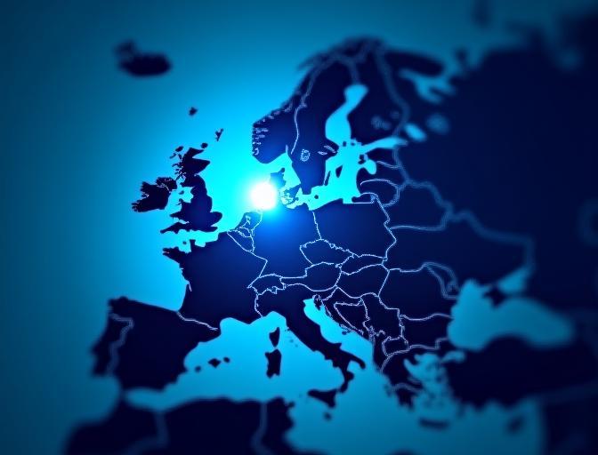 Et stilisert kart over Europa med lyseblå markeringer som fremhever land som ofte deltar i EU-finansierte prosjekter, med subtile forbindelseslinjer mellom dem. En glødende orb symboliserer innovative ideer, plassert over Skandinavia. Bakgrunnen er en diskret, mørk blå. Bildet fremmer Europa-samarbeid og tilskuddsmuligheter.