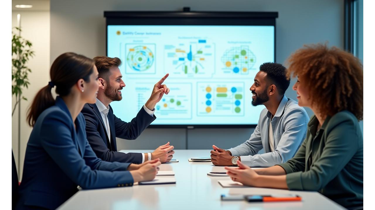 Team av Driflow-konsulenter i en interaktiv workshop-setting med klienter, diskuterer finansieringsstrategier rundt et bord med diagrammer og notater.