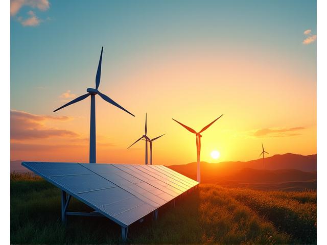 Vindturbiner i solnedgang med et solcellepanel i forgrunnen som symboliserer fornybar energi.
