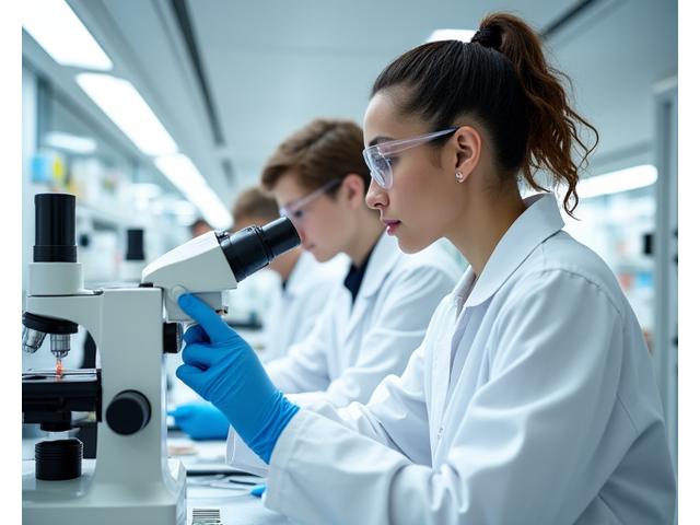 Forskere i laboratoriemiljø med avansert utstyr, representerer helse og bioteknologi.