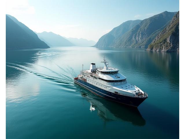 Moderne havbruksanlegg i en norsk fjord med et forskningsfartøy i forgrunnen, symboliserer maritim og havbruk.