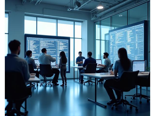 Moderne teknologimiljø med folk som samarbeider rundt skjermer, som representerer innovasjon og IT.